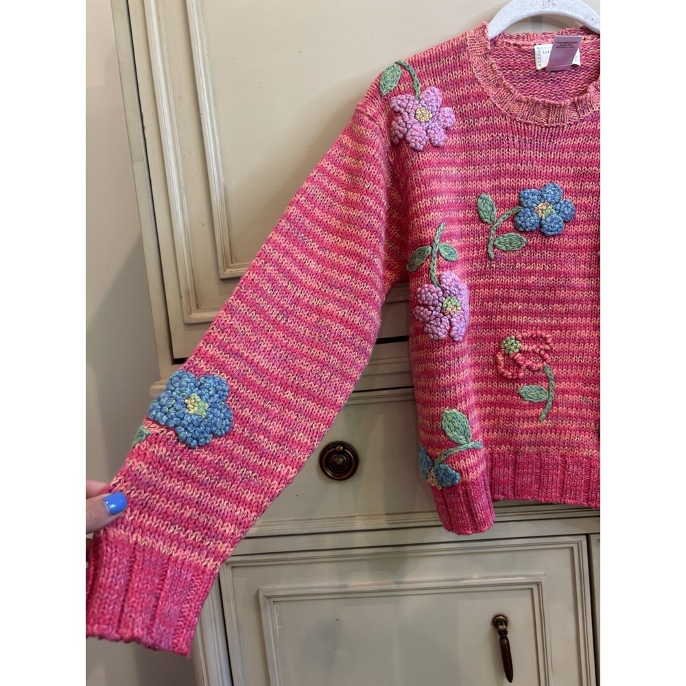 Susan Bristol NWT Embroidered Pink Orange Floral Sweater Small Cotton Striped - Picture 4 of 9